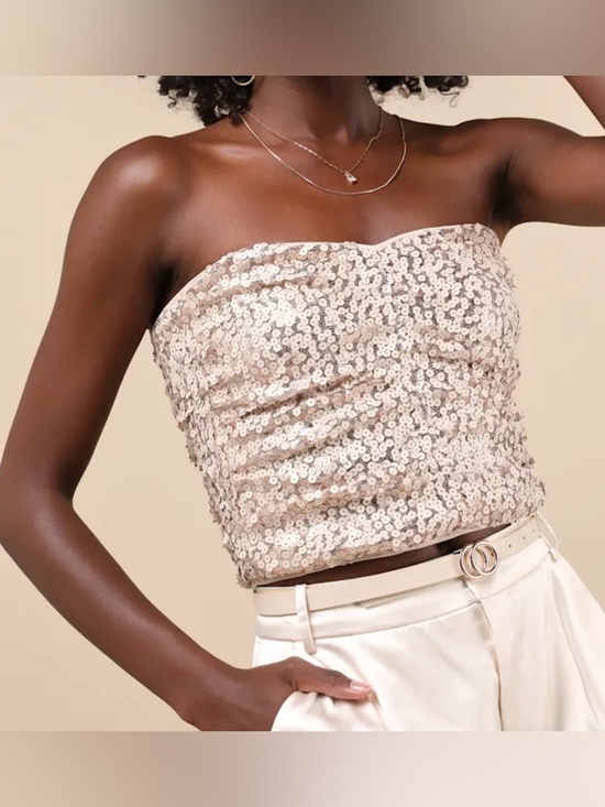 Lulus Tops - Lulus Rose Gold Sequin Strapless Crop Top NWT Sparkly Party Glam